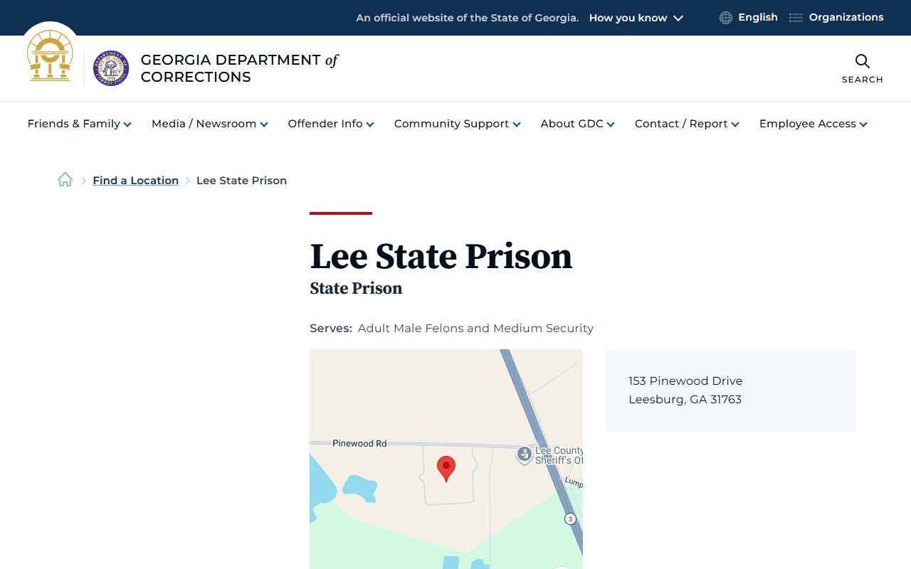 Lee State Prison GDC offender lookup facility page